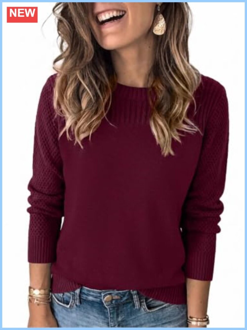 Womens Crewneck Pullover Sweater Long Sleeve Loose Fit Knit Top